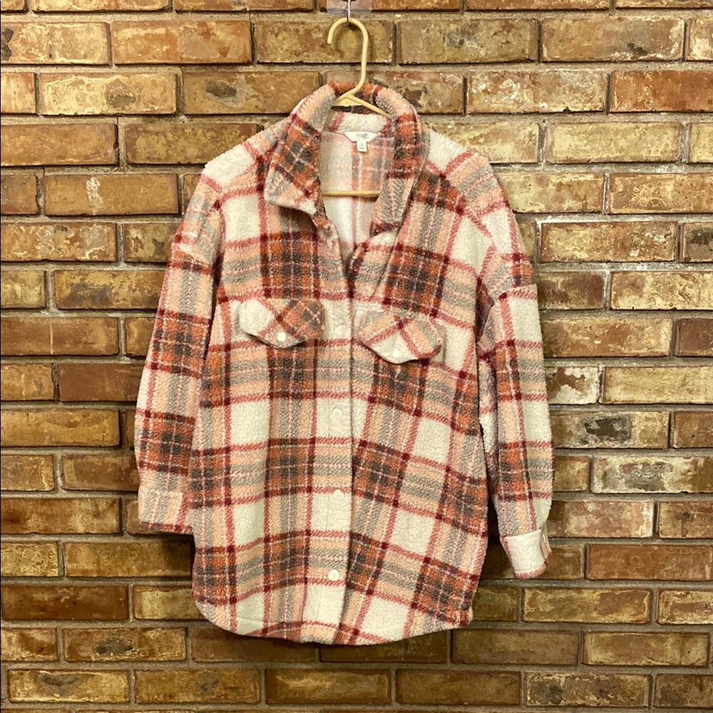 Terra & Sky Plaid Teddy Sherpa Jacket - Cream and Pink